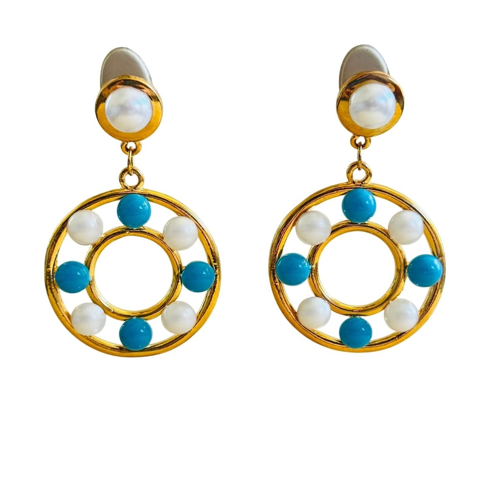 VTG Runway Chunky Clip Hoop Earrings Statement Dangle Blue Cabochon 80s Pearl